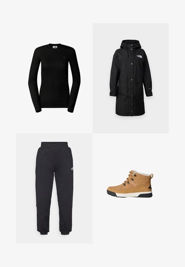 Sort, lang regnjakke med hætte, to frontlommer, trykknapper og et logo på brystet; lavet af vejrbestandigt materiale.; The North Face W EASY L/S CREW NECK - Langærmet T-shirt - tnf black; The North Face W MOUNTAIN ATHLETICS - Træningsbukser - black; Brune ankelstøvler med en tekstureret læderoverdel, fleecefor, runde snørebånd og en gummisål med et sort og hvidt design.