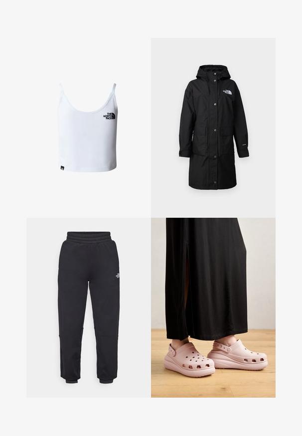 Zwarte, lange regenjas met een capuchon, twee voorzakken, drukknoopsluiting en een logo op de borst; gemaakt van weerbestendig materiaal.; Witte cropped tanktop met dunne bandjes, met het zwarte The North Face-logo op de borst en vlak bij de onderzoom.; The North Face W MOUNTAIN ATHLETICS - Trainingsbroek - black; Lichtroze klompen met ventilatiegaten, een dikke zool en een achterband, gecombineerd met een zwarte lange rok en een houten vloer als achtergrond.