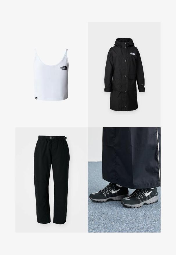 Zwarte, lange regenjas met een capuchon, twee voorzakken, drukknoopsluiting en een logo op de borst; gemaakt van weerbestendig materiaal.; Witte cropped tanktop met dunne bandjes, met het zwarte The North Face-logo op de borst en vlak bij de onderzoom.; Zwarte lichtgewicht broek met een elastische tailleband en verstelbare riem. Kenmerkt zich door taps toelopende benen en versterkte knieën voor duurzaamheid.; Zwarte atletische schoenen met een gestructureerde bovenkant, zilveren accenten en een gestippelde loopzool, gecombineerd met een zwart lang kledingstuk. Geplaatst op een blauwe vloerbedekking.