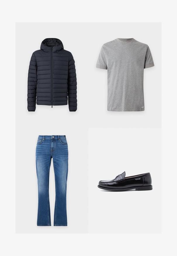 Chaqueta tipo puff en azul marino oscuro, con secciones acolchadas horizontales, capucha, cierre frontal con cremallera y un bolsillo en el pecho con cremallera.; Camiseta de manga corta gris hecha de algodón suave. Presenta un escote redondo con un ribete en contraste y un dobladillo recto en la parte inferior.; Vaqueros acampanados de mezclilla en azul medio. Presentan un diseño de cinco bolsillos, detalles cosidos, un cierre de botón y una textura ligeramente desgastada en las piernas.; Mocasines de cuero negro con acabado brillante, que presentan un diseño cosido en la puntera y una suela baja de goma negra texturizada.