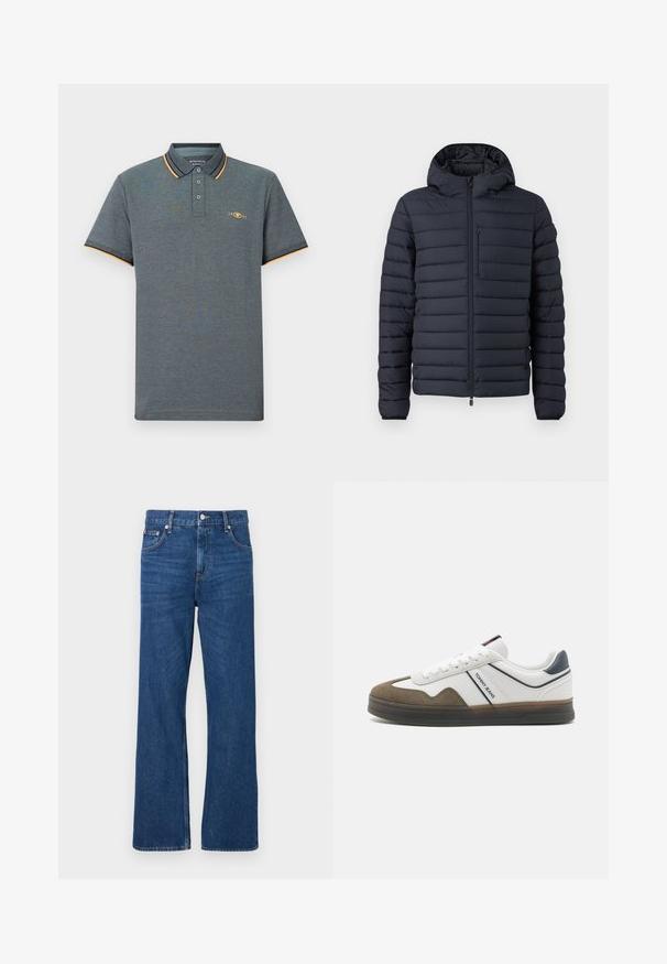 Chaqueta tipo puff en azul marino oscuro, con secciones acolchadas horizontales, capucha, cierre frontal con cremallera y un bolsillo en el pecho con cremallera.; Polo gris con una tela texturizada, que presenta una tapeta de tres botones, acentos en color azul claro y naranja en el cuello, y un pequeño logo en el pecho.; Vaqueros de mezclilla azul con un diseño de pierna ancha, con un cierre clásico de botón y cremallera, y cinco bolsillos. Textura distintiva deslavada en todo el pantalón.; Zapatilla blanca y marrón con puntera de ante texturizado, cuerpo de cuero suave y suela de goma oscura. Presenta acentos en azul y rojo, y una marca.