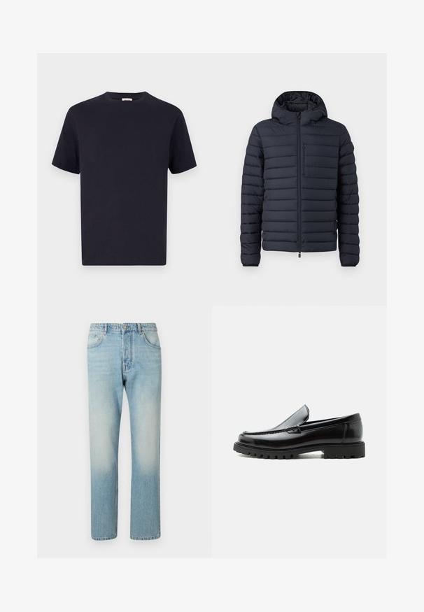 Chaqueta tipo puff en azul marino oscuro, con secciones acolchadas horizontales, capucha, cierre frontal con cremallera y un bolsillo en el pecho con cremallera.; Camiseta de algodón azul marino con escote redondo, manga corta y corte relajado; textura suave; sin patrones o elementos metálicos visibles.; Jeans de color azul claro hechos de denim, con un diseño de pierna recta, estructura de cinco bolsillos y efecto de lavado desgastado en los muslos.; Mocasín de cuero negro con suela de goma gruesa, empeine cosido y nombre de la marca en relieve en el talón, mostrado en perfil lateral sobre fondo blanco.