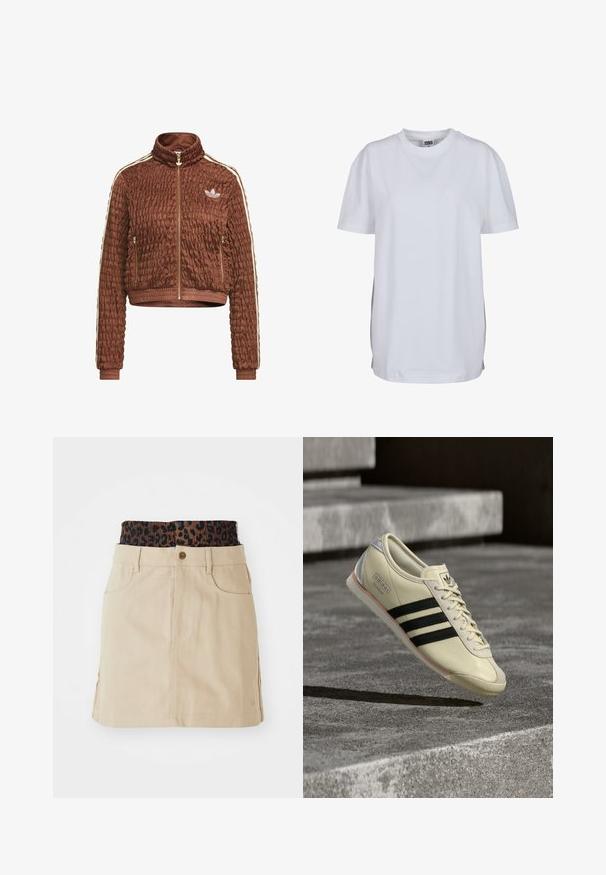 Bruine doorgestikte velours Adidas-jas met volledige ritssluiting, staande kraag, zijritszakken, geribbelde manchetten en witte drie-strependetails op de mouwen.; Effen wit T-shirt met korte mouwen en ronde hals, met een rechte zoom en een klein zichtbaar merklabel binnenin de kraag.; Tan denim rok met een bruine elastieken tailleband met luipaardprint, voorzakken en een rechte snit, met zichtbare stikdetails.; Adidas Italia sneaker van crèmekleurig leer met zwarte strepen, afgeronde neus en lichtgrijze hielaccenten op een gestructureerd grijs oppervlak.