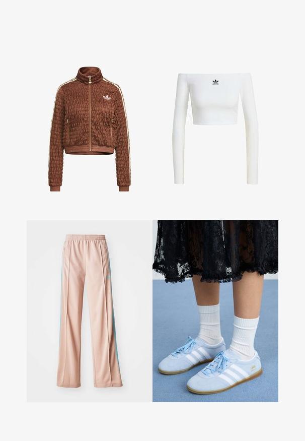 Brun quiltet velour Adidas-jakke med fuld lynlås, stående krave, sidelommer med lynlås, ribbede ærmegab og hvide tre-stribe detaljer på ærmerne.; Hvid crop top med off-shoulder i ribbet stof, som har lange ærmer og et lille sort Adidas-logo på fronten.; Lyserøde sportspants med afslappet pasform, der har blå sidestriber og en snoretræk i taljen. Fremstillet af glat, letvægtsstof.; Lyseblå sneakers med hvide striber og hvide sokker, båret med en sort blondekjole, på en blå tæppeoverflade.