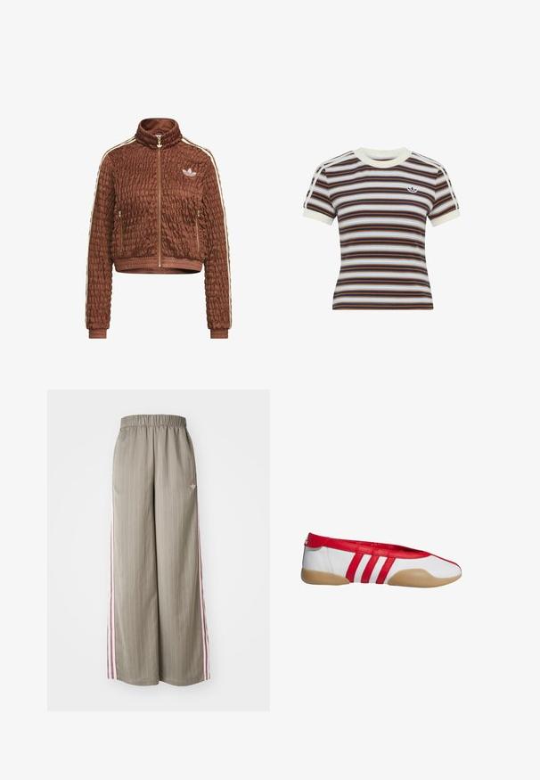 Hnedá prešívaná bunda z velúru Adidas s celým zipsom, stojačikom, bočnými vreckami na zips, rebrovanými manžetami a bielym trojpásikovým detailom na rukávoch.; Tričko s krátkym rukávom a okrúhlym výstrihom s horizontálnymi pruhmi v námorníckej modrej, hnedej a bielej farbe a malým logom Adidas na ľavej strane hrudníka.; Svetlo olivové nohavice s širokými nohavicami a vertikálnym pruhovaním, elastickým pásom a ružovými bočnými pruhmi. Obsahuje malé logo na boku.; Červená a biela plochá obuv s okrúhlou špičkou, vyrobená z hladkého syntetického materiálu. Má tri červené pruhy a svetlohnedú gumovú podrážku.