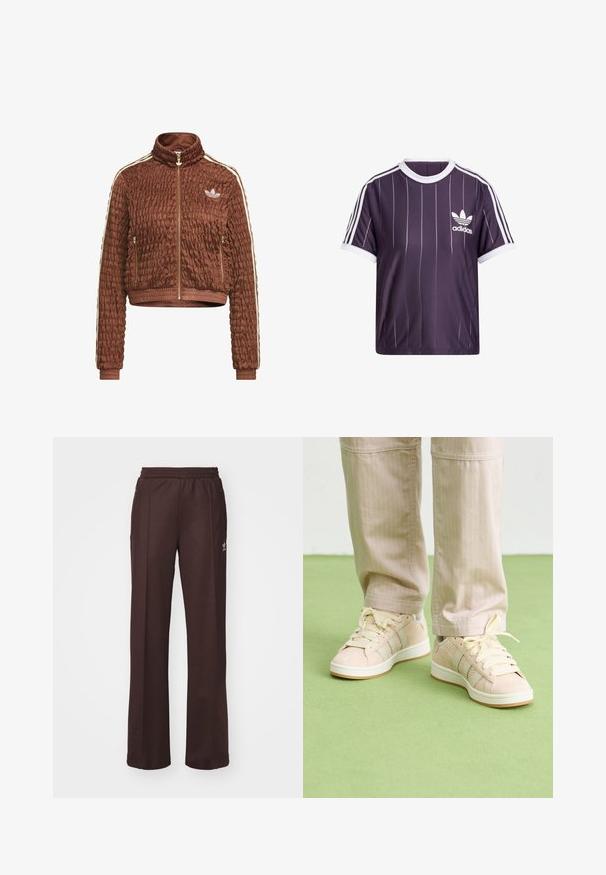 Braune gesteppte Velours-Jacke von Adidas mit durchgehendem Reißverschluss, Stehkragen, seitlichen Reißverschlusstaschen, gerippten Bündchen und weißen Drei-Streifen-Details an den Ärmeln.; Lila Sport-T-Shirt mit weißen vertikalen Streifen, weißem rundem Kragen und weißem Adidas-Logo auf der linken Brust. Kurze Ärmel.; Braune Sporthose mit einem elastischen Bund, zwei Seitentaschen und einem kleinen Logo auf der linken Seite, gefertigt aus weichem Stoff.; Beige Sneaker mit strukturiertem Stoff, hellcremefarbigen Streifen und passenden Schnürsenkeln. Abgerundete Zehenpartie und weiße Gummisohle mit braunen Akzenten.