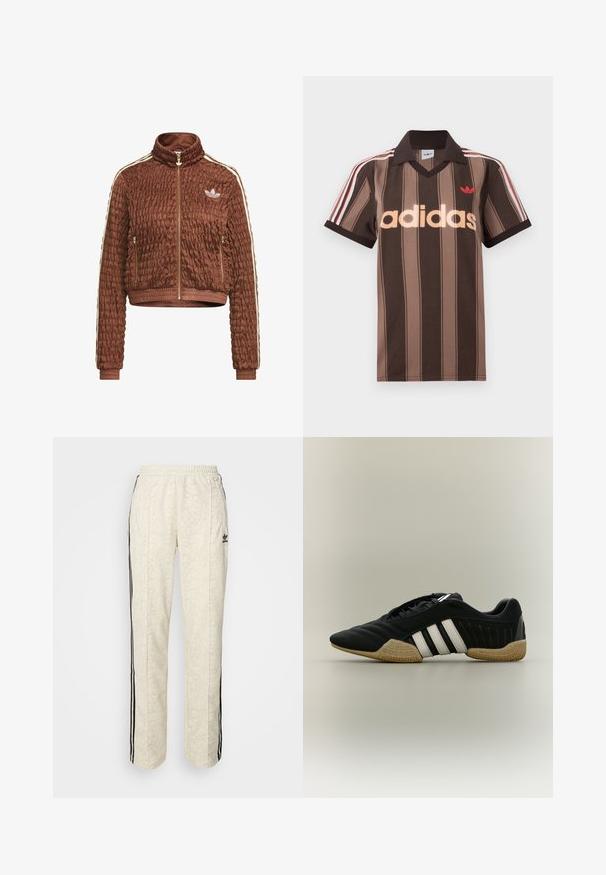 Pruun õmmeldud veluurist Adidas jope täislukuga, kõrge kaelusega, külgedel tõmblukuga taskutega, soonikkoes mansettidega ja valge kolme triibuga detailidega varrukatel.; Pruunide triipudega Adidas polotee, V-kaelusega, bordeau krae ja punase logoga. Omad valge ja punase triibuga õlad ning lühikesed varrukad.; Kreemit joggerid, millel on tekstuuriga madusikuvälimus. Mustad külgsirged ja elastne vöökoht. Must logoaktsent reie peal.; Must spordijalats valgete triipude ja beežika tekstuuriga tallaga neutraalsel taustal, nähtud külgprofiilis.