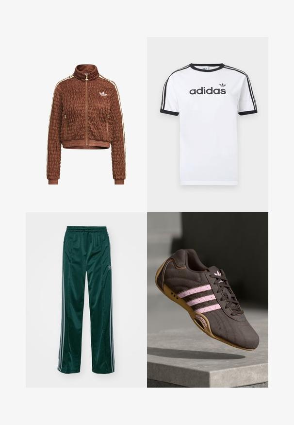 Brun quiltet velour Adidas-jakke med fuld lynlås, stående krave, sidelommer med lynlås, ribbede ærmegab og hvide tre-stribe detaljer på ærmerne.; Hvid bomulds-T-shirt med sorte detaljer, har rundt halsudskæring, korte ærmer, tre sorte striber på skuldrene og adidas-logo i sort.; Mørkegrønne træningsbukser lavet af skinnende materiale, med sidelister i lys grå og et broderet logo på venstre ben.; Brune ruskind atletik sko med pink striber og logo, med en tekstureret overdel, snørebåndslukning og en gummirubbersål.
