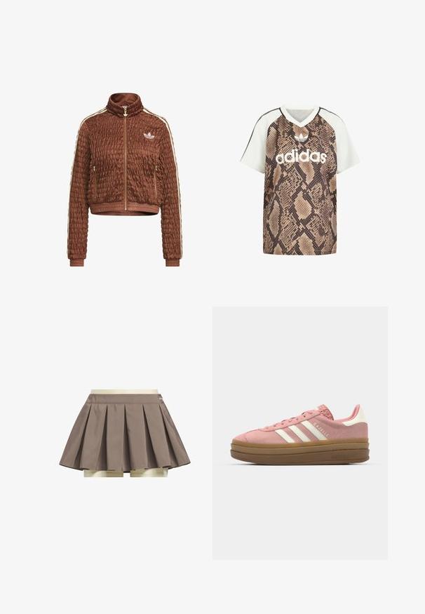 Brun quiltet velour Adidas-jakke med fuld lynlås, stående krave, sidelommer med lynlås, ribbede ærmegab og hvide tre-stribe detaljer på ærmerne.; Adidas kortærmet V-hals shirt med hvide ærmer og brun slangeprint krop, med hvid Adidas-logo og trefoil-emblem foran.; Brun plisseret tennisnederdel med indbyggede beige shorts nedenunder, vist på en hvid baggrund.; adidas Originals GAZELLE BOLD - Sneakers - mauve/off white
