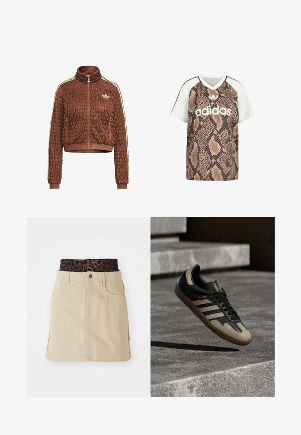Brun quiltet velour Adidas-jakke med fuld lynlås, stående krave, sidelommer med lynlås, ribbede ærmegab og hvide tre-stribe detaljer på ærmerne.; Adidas kortærmet V-hals shirt med hvide ærmer og brun slangeprint krop, med hvid Adidas-logo og trefoil-emblem foran.; Tan denim nederdel med en brun leopardmønstret elastisk talje, forlommer og en lige pasform, der har synlige syninger.; Sort og beige lædersneaker med tre hvide striber, tanfarvet gummisål og gyldent "Samba"-detalje på siden.