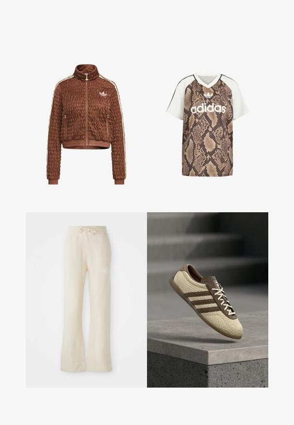 Brun quiltet velour Adidas-jakke med fuld lynlås, stående krave, sidelommer med lynlås, ribbede ærmegab og hvide tre-stribe detaljer på ærmerne.; Adidas kortærmet V-hals shirt med hvide ærmer og brun slangeprint krop, med hvid Adidas-logo og trefoil-emblem foran.; Cremefarvede sweatpants med en blød tekstur, featuring en snoretræk i taljen og flair ben. Diskret logo detalje på venstre hofte.; Beige og brune vævede sneakers med tre striber og hvide snørebånd, svævende over en betonrampe med trapper i baggrunden.