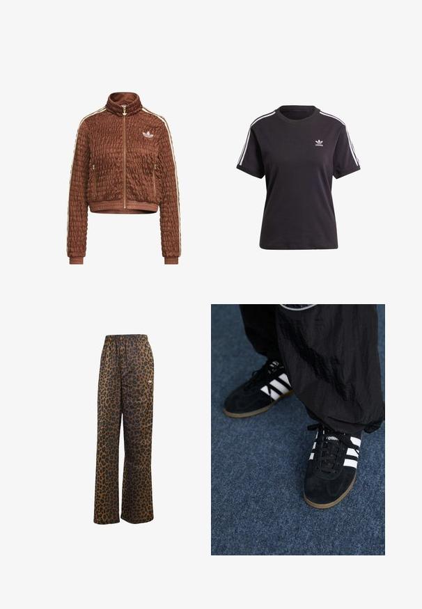 Brūna samta Adidas jaka ar kvadrātu izšuvumu, pilna rāvējslēdzēja, stāvus apkakli, sānu kabatas ar rāvējslēdzējiem, ribota aproces un baltas trīs svītru detaļas uz piedurknēm.; Melna kokvilnas t-krekls ar īsām piedurknēm un apaļu kakla izgriezumu, ar baltām svītrām uz pleciem un mazu baltu Adidas logo uz krūtīm.; adidas Originals WIDE LEG LEO PRINT SATIN PANTS - Treniņtērpa apakšdaļas - multicolor bronze strata; Melna zamša sporta apavi ar trim baltiem svītrām un melniem auklām. Blakus apaviem daļēji redzami strukturēti melni bikses.