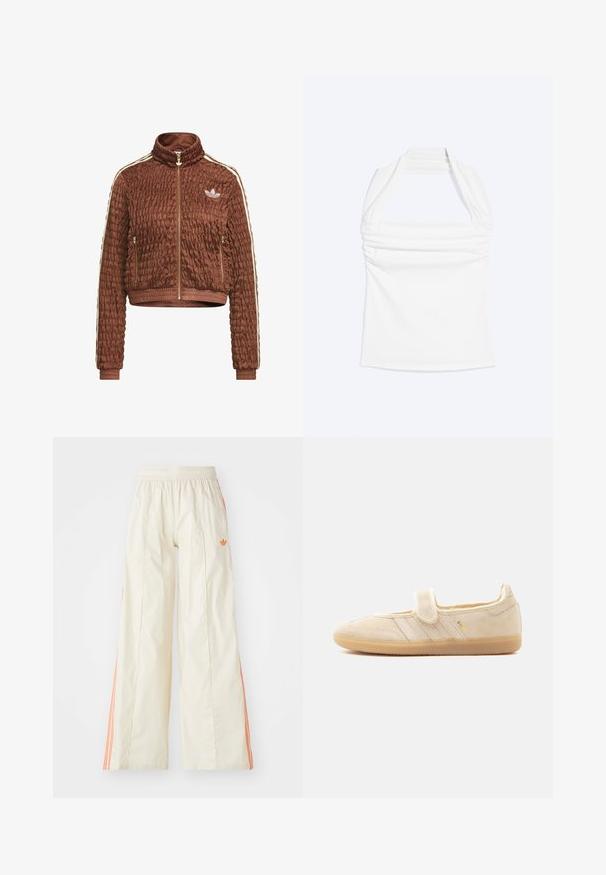 Brun quiltet velour Adidas-jakke med fuld lynlås, stående krave, sidelommer med lynlås, ribbede ærmegab og hvide tre-stribe detaljer på ærmerne.; Hvid halterneck-top med lige halsudskæring og rynkede detaljer langs brystet, vist mod en ensfarvet lys baggrund.; Cremefarvede bredde benbukser med elastisk talje, der har orange side-striber og et lille orange logo foran.; Beige ruskind Mary Jane sneaker med velcrolukning, gummisål, tre syede striber og gyldent "SAMBA" branding på siden.