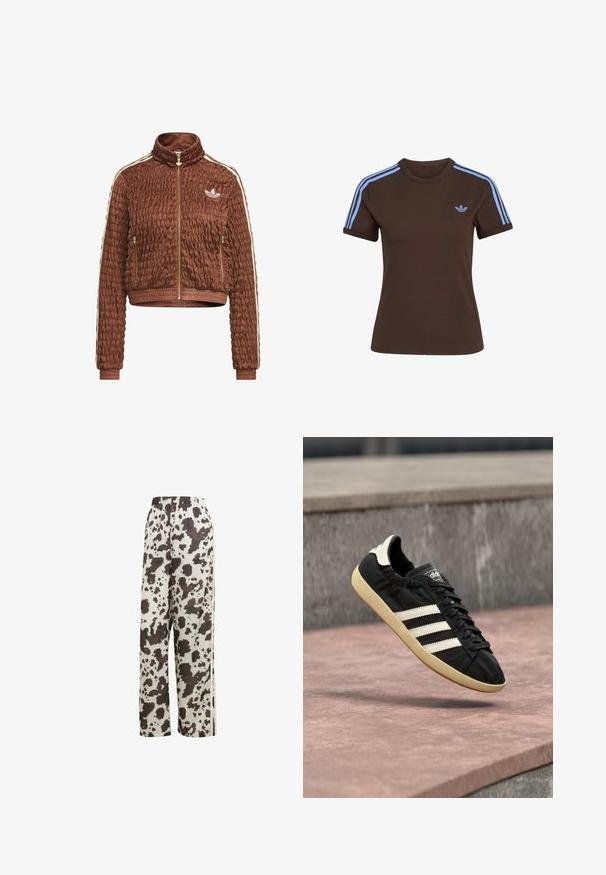 Chaqueta marrón de velour acolchada de Adidas con cremallera completa, cuello alto, bolsillos laterales con cremallera, puños acanalados y detalles blancos de tres rayas en las mangas.; Camiseta marrón de manga corta con tres rayas azul claro en los hombros y pequeño logo de Adidas azul claro en el pecho izquierdo.; adidas Originals COW PRINT SATIN WIDE LEG - Pantalones deportivos - multicolor off white; Zapatilla negra Adidas con rayas blancas y suela beige, capturada en el aire sobre una superficie de piedra y con fondo de muro de piedra.