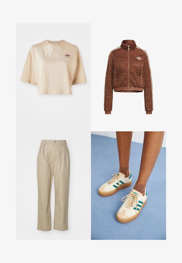 Pruun õmmeldud veluurist Adidas jope täislukuga, kõrge kaelusega, külgedel tõmblukuga taskutega, soonikkoes mansettidega ja valge kolme triibuga detailidega varrukatel.; Khaki värvi lühikeste varrukatega puuvillane lühike t-särk, ümara kaelusega ja tumepunase logo graafikaga vasakul rinnal.; Bežid püksid, mis on valmistatud puuvillast, omades lõdva istuvust, ees plekke, ühe nööbi sulgemist ja sirgeid jalgu koos õmblustega servades.; Beezid kingad tumeroheliste triipudega, kummitald, samet- ja tekstiilülemine ning neutraalne riistvara, koos pruunide sokkidega helesinisel pinnal.
