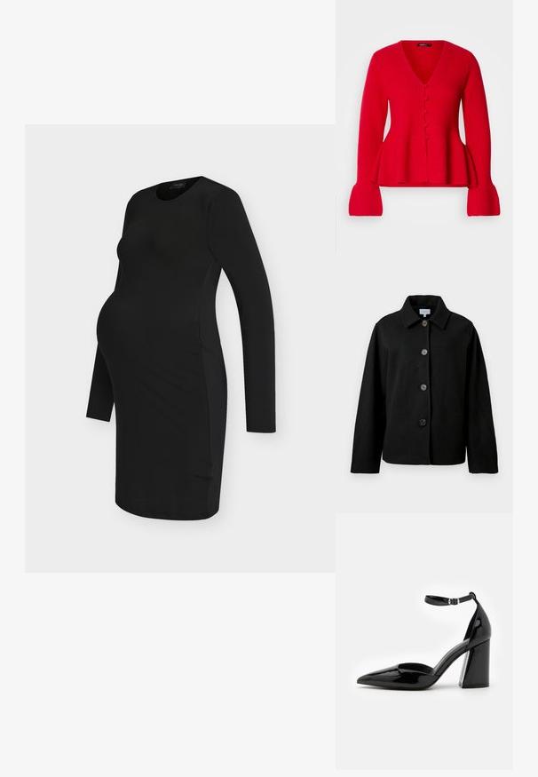 Chaqueta negra de manga larga con cuello y cuatro grandes botones marrones en la parte delantera, exhibida sobre un fondo blanco.; Cárdigan de punto rojo con escote en V, cierre de botones y dobladillo peplum. Presenta mangas acanaladas y una textura suave.; Vestido premamá negro, de manga larga, hasta la rodilla, con una silueta ajustada y cuello redondo sobre un fondo blanco liso.; Zapato de tacón alto de charol negro con punta afilada, correa en el tobillo y ancho tacón bloque para mayor estabilidad, con una textura suave y brillante.