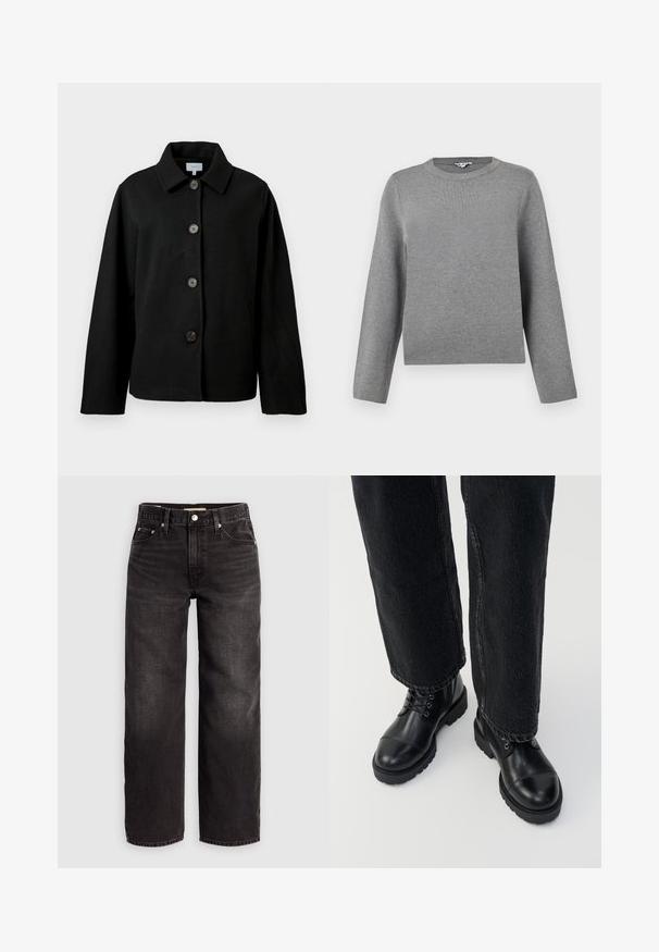 Sort langærmet jakke med krave og fire store brune knapper foran, vist på en hvid baggrund.; Grå strikket sweater med rund hals og lange ærmer; blød tekstur og lige snit, med et subtilt, jævnt strikkemønster.; Levi's® BAGGY DAD - Baggy jeans - shrink up; Sorte læder ankelstøvler med runde tåspidser, snørebånd og en rummelig, tyk sål. Sat sammen med mørke jeans, der viser en rå kantdetalje.