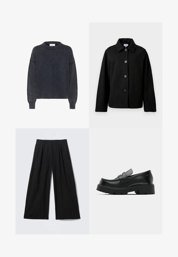 Sort langærmet jakke med krave og fire store brune knapper foran, vist på en hvid baggrund.; Mørkegrå, tekstureret sweater med rund hals og lange ærmer, der har en central søm nedad foran. Klassisk, afslappet stil.; Sortte bukser med vidde i benene, frontplisseringer, bæltestropper og skjult lukning foran, lagt fladt på en lys baggrund.; Sorte læder loafers med en chunky tekstureret sål, der har en rem over vamps og en glat, poleret finish.