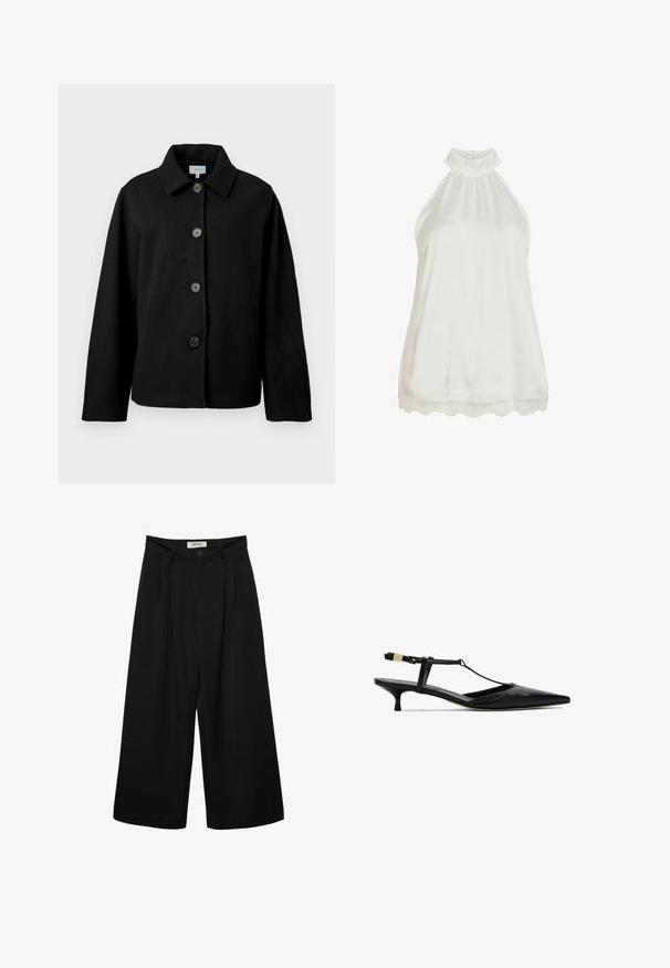Veste noire à manches longues avec un col et quatre grands boutons marron sur le devant, affichée sur fond blanc.; Haut blanc sans manches à col montant, fermeture au dos par bouton avec ouverture en forme de goutte, et bordure en dentelle le long de l'ourlet.; Pantalon noir à jambes larges avec taille haute, présentant des plis à l'avant, deux poches latérales et une fermeture par bouton. Texture de tissu lisse.; Chaussure à talon aiguille chaussure bébé en cuir noir avec bout pointu et fine bride de cheville munie d'une petite boucle dorée.