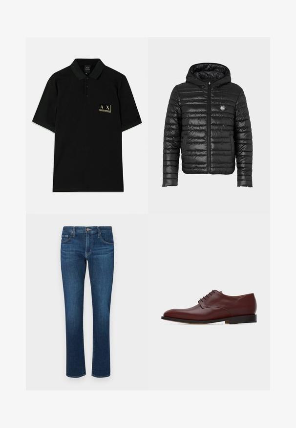 Chaqueta de plumas negra con cierre de cremallera, capucha y diseño acolchado vertical. Presenta un parche con el logo en el pecho y una textura suave y brillante.; Polo negro de algodón, con una tapeta de tres botones y un logotipo bordado en dorado en el lado izquierdo del pecho. Mangas cortas, ajuste clásico.; Jean oscuro de mezclilla con un diseño de pierna recta, estilo clásico de cinco bolsillos y cierre de botón en la cintura. Textura suave.; Zapato de vestir para hombre de cuero marrón con suela y cordones negros, mostrado desde el lado derecho sobre fondo blanco.