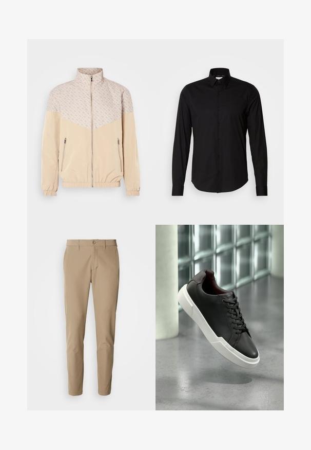Beige Windbreaker-Jacke mit einem gemusterten oberen Teil. Mit Stehkragen, Frontreißverschluss und elastischen Bündchen. Zwei seitliche Reißverschlusstaschen.; Schwarzes Langarmhemd aus glattem Stoff. Verfügt über einen klassischen Kragen, eine Knopfleiste und einen geraden Saum. Keine Muster oder Akzente vorhanden.; Beige Hose aus glattem Stoff mit geradem Schnitt, ausgestattet mit einem Knopfverschluss und frontalen Taschen, ergänzt durch Gürtelschlaufen.; Schwarzer Ledersneaker mit weißer, dicker Sohle und schwarzen Schnürsenkeln, schwebt über einem grauen Betonboden in der Nähe einer Glasbausteinwand.