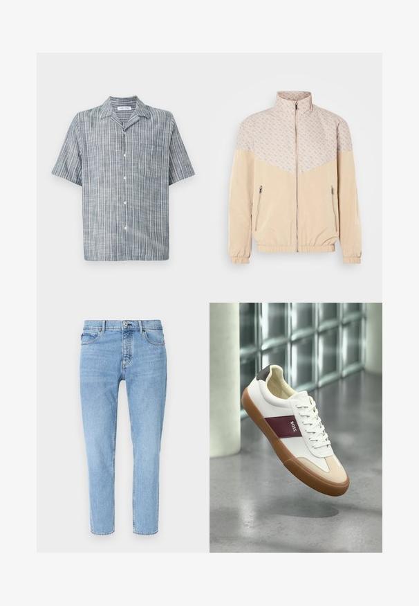 Beži windbreaker jakk, millel on mustriline ülemine osa. Omab seisvat kraed, eest luku ja elastseid mansette. Kaks külgmise lukuga taskut.; Lühikeste varrukatega nööpidega pluus helesiniste ja valgete triipudega, valmistatud kergetest materjalidest, millel on krae ja rinnatasku.; Heledates toonides teksapüksid sirge säärega, viis taskut ja nööpkinnitus. Kangas on pehme tekstuuriga ning näha on õmblusi.; Valge madala säärega toss, millel on pruun tallaosa, marooni triip "BOSS" märgisega, beež varbavigastused ja must konts, hõljumas halli põranda kohal.