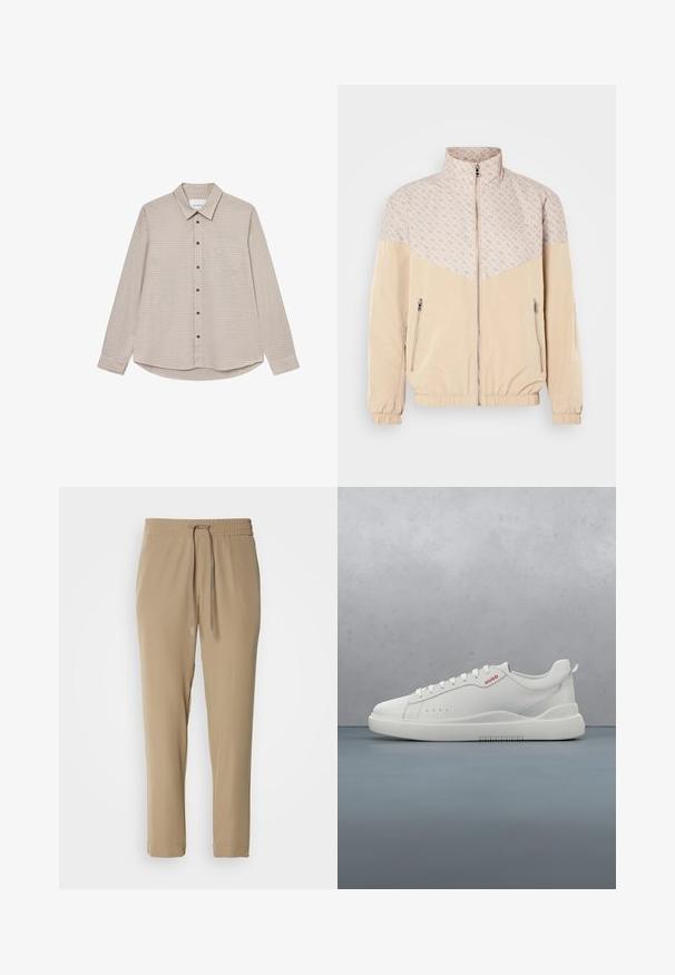 Chaqueta cortavientos beige con una sección superior estampada. Cuenta con un collar alzado, cremallera frontal y puños elásticos. Dos bolsillos laterales con cremallera.; Camisa de manga larga a cuadros en tonos marrones y beiges, con un cuello abotonado, bolsillo frontal y botones marrones, presentando un dobladillo curvado.; Pantalones jogger beige con cinturilla elástica y cordón. Tienen un diseño ajustado y dobladillos acampanados, fabricados en tejido ligero.; Zapatilla blanca con un acabado de cuero liso, punta redonda, cuatro ojales, perforaciones sutiles y un detalle de logo rojo en el lateral.
