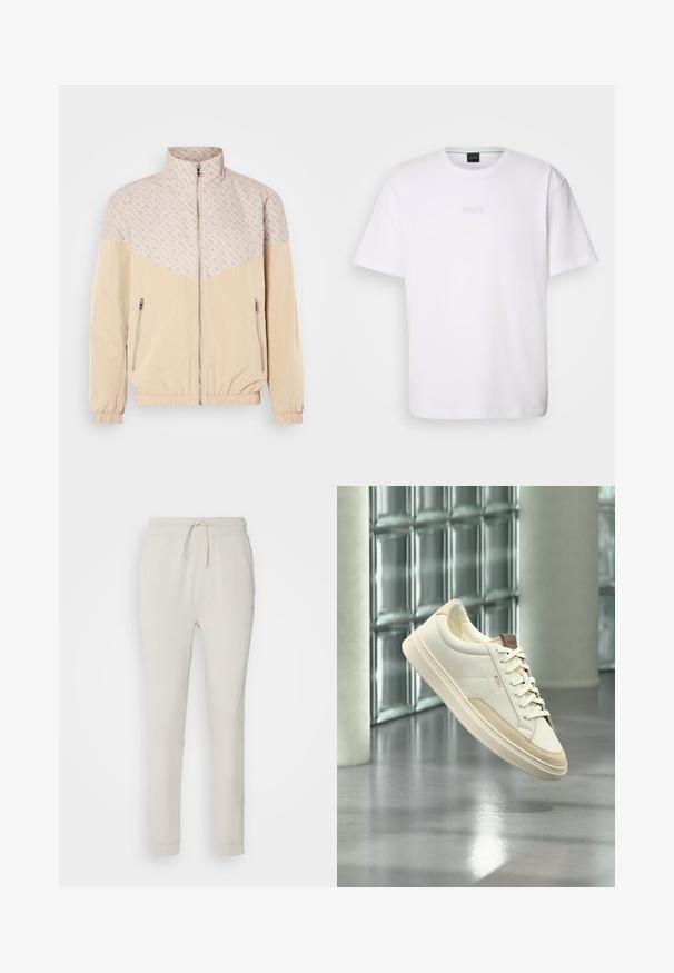 Beži windbreaker jakk, millel on mustriline ülemine osa. Omab seisvat kraed, eest luku ja elastseid mansette. Kaks külgmise lukuga taskut.; Valge puuvillane T-särk lühikeste varrukatega, ümar kaelus ja reljeefne "BOSS" logo rinnal. Lame tekstuur, standardne lõige.; Heledad beežid dressipüksid, mis on valmistatud pehmest tekstuuriga kangast. Omab eemaldatavat paelvööd, soonikuid sääreotsi ja küljetaskuid. Kohandatud lõige.; Valge madala säärega tennisejalanõu beežide detailide ja paeltega, brändiga "BOSS", hõljub lakutud põranda kohal klaasplokkidest seinavaatega taustal.