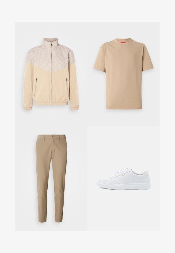 Beige Windbreaker-Jacke mit einem gemusterten oberen Teil. Mit Stehkragen, Frontreißverschluss und elastischen Bündchen. Zwei seitliche Reißverschlusstaschen.; Beige Baumwoll-T-Shirt mit kurzen Ärmeln, Rundhalsausschnitt und dezentem "HUGO"-Logo in der Mitte. Angenehme Textur, legerer Schnitt.; Beige Hose aus glattem Stoff mit geradem Schnitt, ausgestattet mit einem Knopfverschluss und frontalen Taschen, ergänzt durch Gürtelschlaufen.; Weiße Leder-Sneaker mit glatter Textur, runder Zehenpartie und tonal abgestepptem Design. Mit blauen Schnürsenkeln und einem goldenen Logo an der Seite.