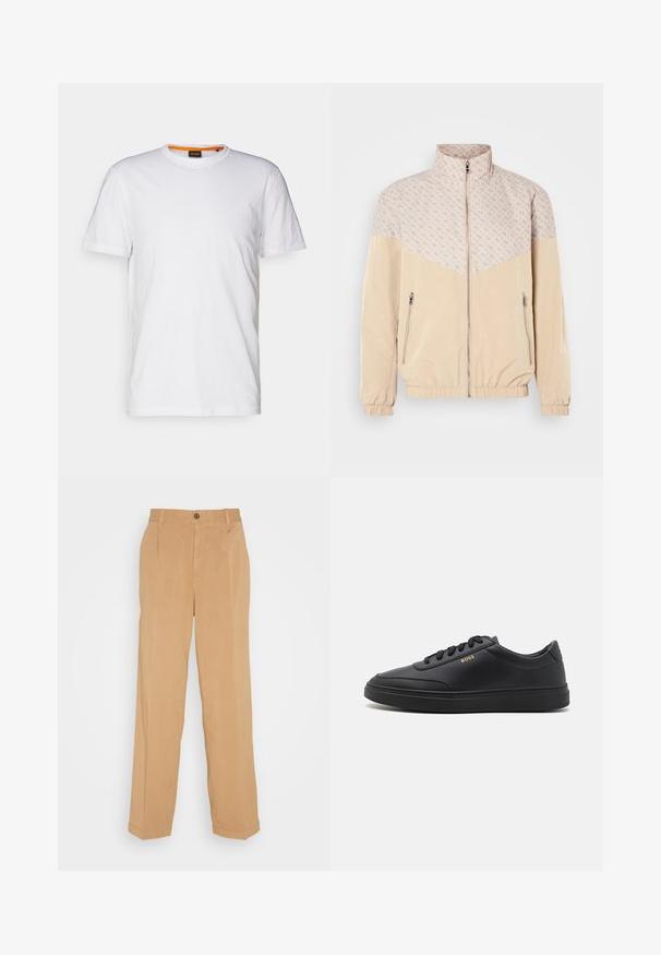 Beige windbreaker jack met een gestructureerd bovenstuk. Heeft een staande kraag, een rits aan de voorkant en elastische manchetten. Twee zijzakken met rits.; Witte katoenen T-shirt met ronde hals, korte mouwen en een subtiel reliëflogo op de borst. Het binnenlabel heeft een oranje accent.; Beige wijde broek van zacht materiaal, voorzien van twee voorzakken, een knoopsluiting en plooidetails langs de benen.; Zwarte leren sneakers met een gladde textuur, ronde neus, platte rubberen zool en tonale veters. Kenmerkt zich door de gouden "BOSS" branding aan de zijkant.