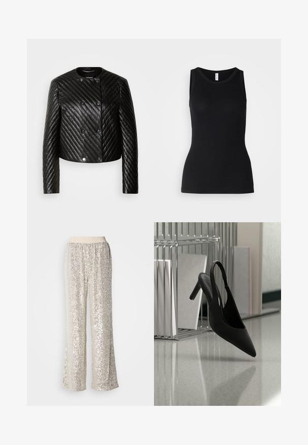 Veste en cuir matelassée noire avec col rond, manches longues et fermetures à pression, ornée de coutures diagonales et d'un design court.; Débardeur noir sans manches en tissu côtelé, avec un col rond et une coupe ajustée, à la texture douce et sans motifs.; Pantalons palazzo à sequins présentant une coupe large, une taille élastique douce et une couleur argent-or brillante sur l'ensemble.; Chaussure à talon haut à bout pointu et bride arrière suspendue en l'air au-dessus d'un sol brillant avec des classeurs empilés en arrière-plan.