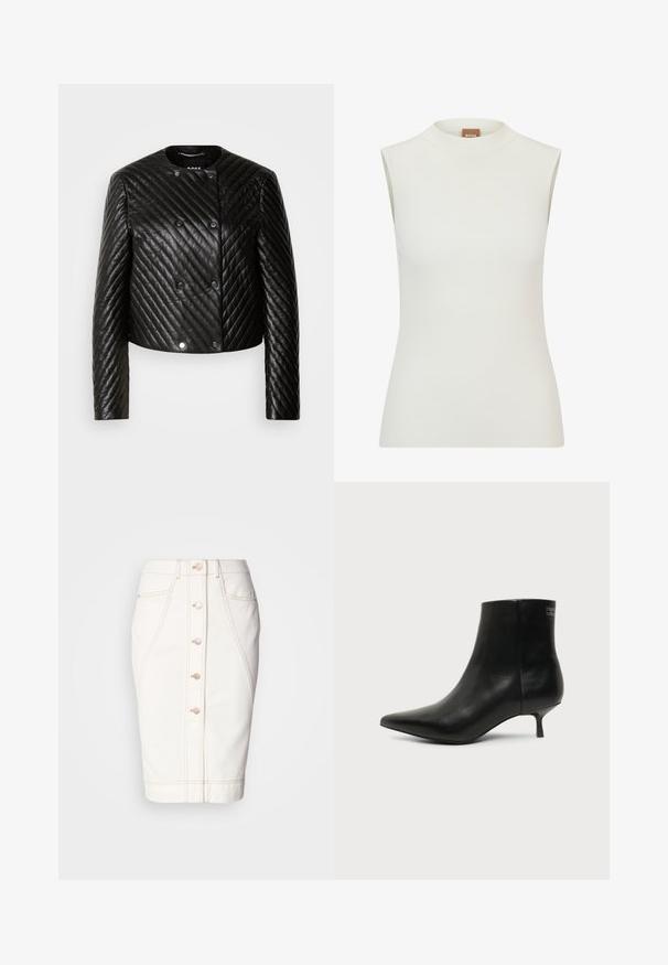 Chaqueta de cuero acolchada negra con cuello redondo, mangas largas y cierres a presión, con patrones de costura en diagonal y un diseño corto.; Top blanco sin mangas con un escote alto, que presenta una textura acanalada y un diseño ajustado. Etiqueta de la marca "BOSS" visible en el cuello.; Falda de mezclilla blanca con cierre de botones en la parte delantera, costuras visibles y silueta de lápiz. Sin bolsillos visibles. Textura suave.; Botín de piel negra con puntera puntiaguda y tacón bajo estilo kitten sobre fondo claro, mostrando vista lateral exterior.
