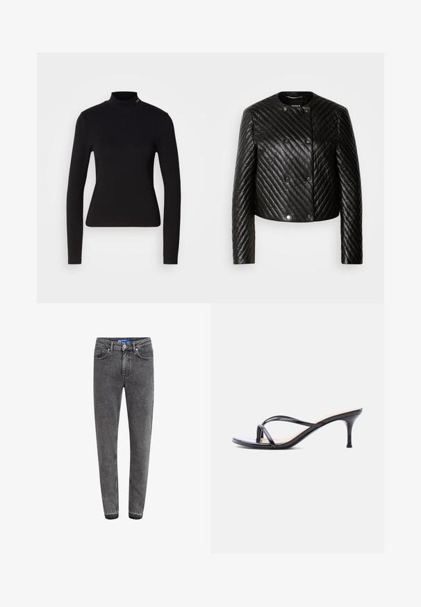 Zwarte gewatteerde leren jack met een ronde hals, lange mouwen en drukknoopsluitingen, voorzien van diagonale stikpatronen en een cropped design.; Zwarte langwerpige turtleneck top van gladde stof, met een nauwsluitende pasvorm en een klein logo accent nabij de halslijn.; Grijze denim jeans met een slim fit, voorzien van een knoopsluiting in de taille, een vijfzakkenontwerp en een subtiele verouderde textuur op de stof.; Zwarte laklederen sandaal met hakken, dunne gekruiste bandjes en een slanke, middelhoog stilettohak op een witte achtergrond.