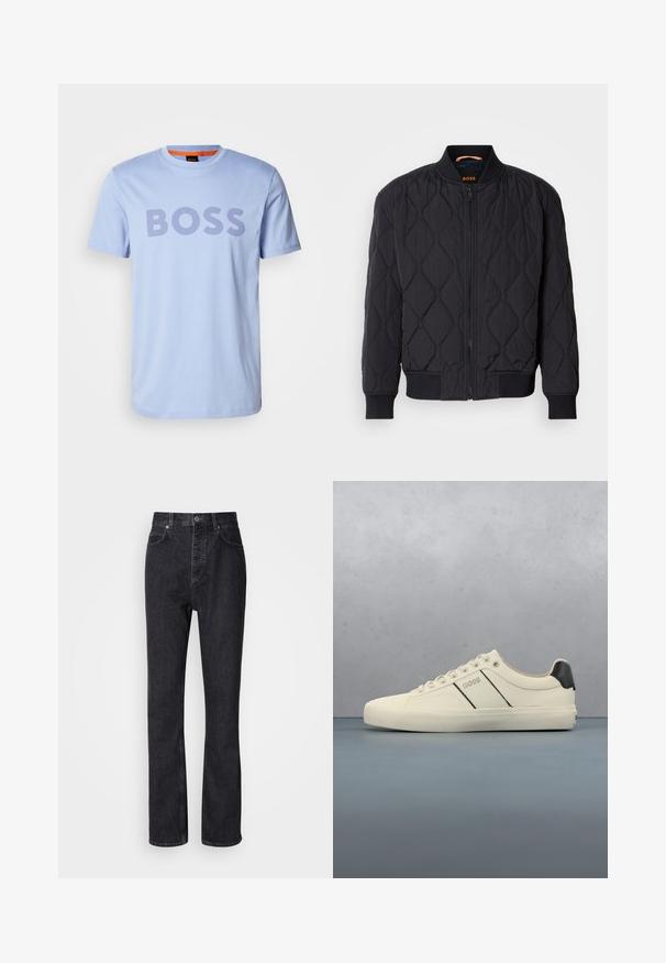 Chaqueta bomber negra acolchada con cuello y puños acanalados, patrón de diamantes estructurado y cierre frontal con cremallera. Branding en el cuello interior.; Camiseta de algodón azul claro con cuello redondo y mangas cortas, que presenta la palabra "BOSS" destacada en letras gruesas de color púrpura oscuro.; Jeans de mezclilla negros de cintura alta con cierre de botón y cremallera, bolsillos frontales y traseros, y corte recto.; Zapatillas de color crema con una textura suave, que presentan acentos y marcas en negro. Diseño clásico de cordones con punta redonda y suela de goma.