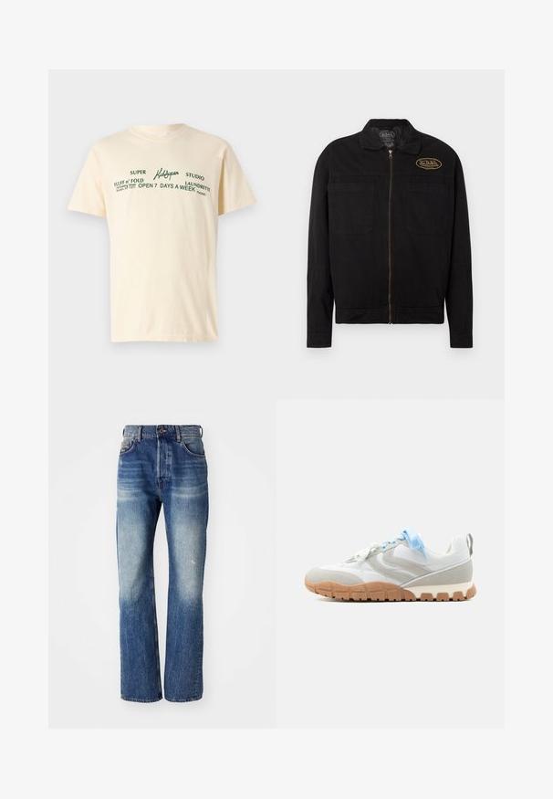 Sort lynlåstrøje med to forlommer og et lille ovalt Van Dutch-logo på øverste venstre bryst.; Cremefarvet bomulds t-shirt med korte ærmer og grøn tekst, der står "KidSuper," "Super Fluff n' Fold," samt vaskeanvisninger.; Blå denim jeans med lige ben-design, der har lys falmning og let whiskering fortil. Standard fem-lomme stil.; Hvid og lysegrå sneaker med lyseblå snørebånd og en lysebrun gummisål, vist fra ydersiden på en ensfarvet baggrund.