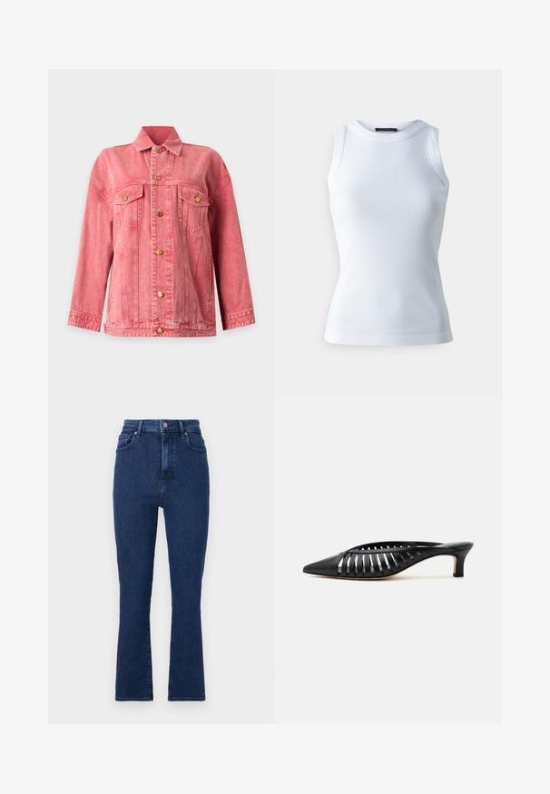 Rosa Jeansjacke mit Knopfleiste vorne, zwei Brustklappentaschen, langen Ärmeln und klassischem Kragen auf einfarbigem Hintergrund.; Weißes ärmelloses Oberteil aus geripptem Stoff, mit rundem Halsausschnitt und figurbetonter Silhouette. Glatte Textur, keine sichtbaren Muster oder Akzente.; Dunkelblaue, hoch geschnittene Jeans aus Denimstoff mit geradem Bein, die vordere Taschen und einen Metallknopfverschluss aufweisen.; Schwarze Leder-Mule mit spitzer Schuhspitze, Riemchen-Design und niedrigem Kittenheel auf weißem Hintergrund.