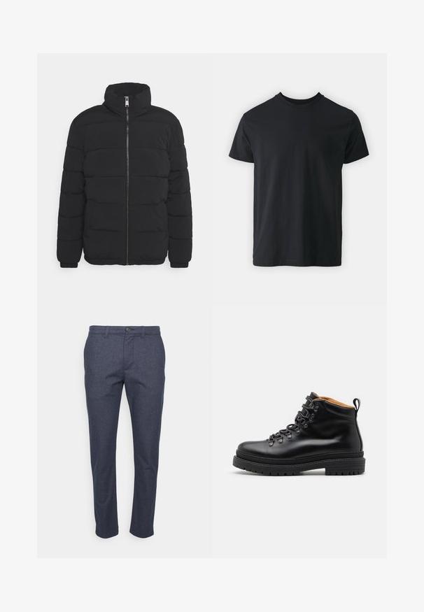 Sort puffertjakke med høj krave, lynlås lukning, quiltet design og ribbede manchetter. Materialet ser blødt og isoleret ud.; Sort bomulds t-shirt med kortærmer, rund halsudskæring og en afslappet pasform. Glat tekstur og lige kant, ingen synlige grafikker eller mønstre.; Mørkeblå herre bukser med bæltestropper, knaplukning og slank lige ben pasform på hvid baggrund.; Zign LEATHER - Snørestøvletter - black