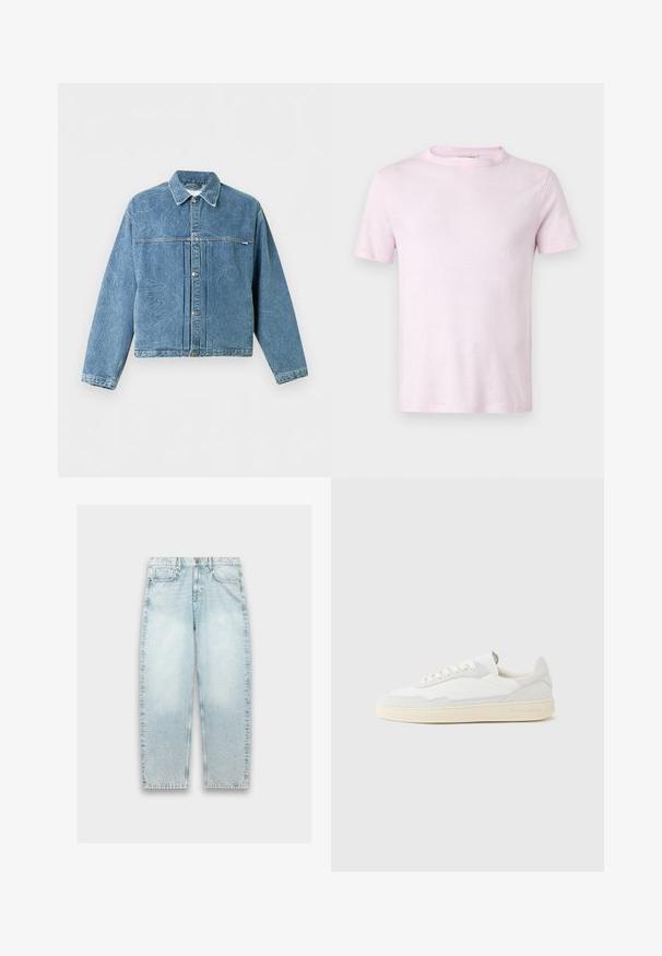 Blaue Jeansjacke mit dezenten abstrakten Nähten, durchgehender Knopfleiste, Kragen und langen Ärmeln vor einem schlichten hellen Hintergrund.; Hellrosa T-Shirt mit kurzen Ärmeln und Rundhalsausschnitt, auf einem flachen, neutral grauen Hintergrund abgebildet.; Helle blaue Denim-Jeans mit weitem Schnitt, geradem Bein, verblasster Textur, Fünf-Taschen-Design und Metallknopfverschluss am Bund.; Weißer Sneaker mit strukturiertem Obermaterial aus Wildleder und Leder. Verfügt über eine runde Zehenpartie, Schnürverschluss und eine kontrastierende beige Gummisohle.