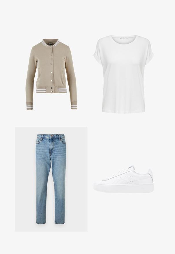 Beige bomberjakke med en tætsiddende design, ribbet krave og manchetter med hvide striber. Lukkes med sølvknapper og har sidelommer.; Hvid kortærmet t-shirt lavet af blød bomuld. Har en rund halsudskæring og rullede ærmer. Enkel design uden mønstre eller accenter.; Lyseblå højtaljede jeans med rette ben, forsideknap og lynlåslukning, forlommer og subtile falmede detaljer.; Hvide platform sneakers med overdel i læder, rund tå og snørelukning. Har sidelufthuller og diskret branding på hælen.