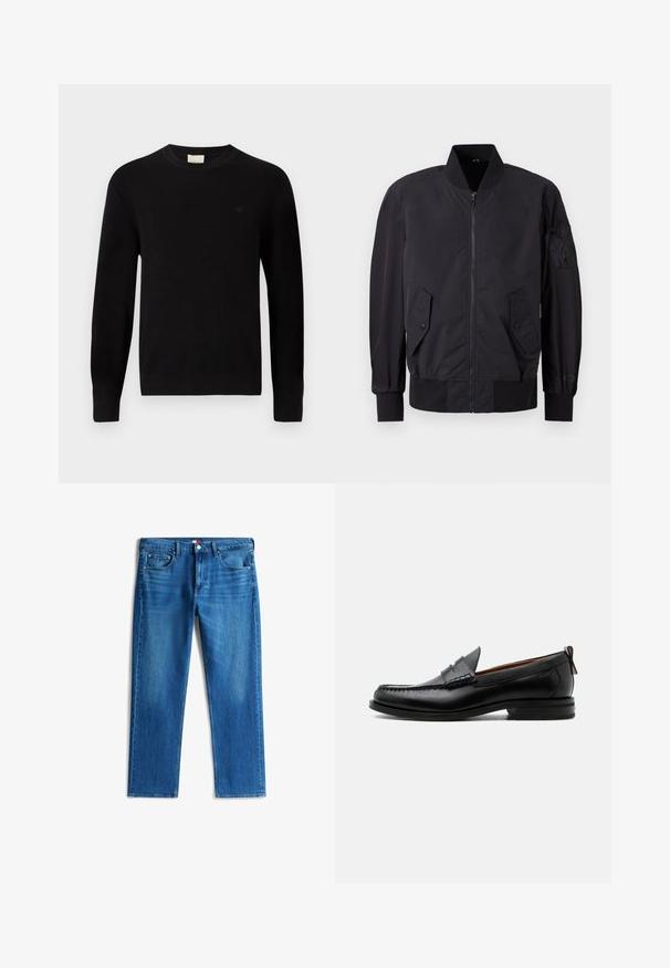 Zwarte bomberjack met een ritssluiting aan de voorkant, twee drukknopzakken, ribgebreide manchetten en een stoffen patch op de mouw. Gladde, matte textuur.; Calvin Klein Trui - black; Blauwe straight-leg spijkerbroek met vijf zakken, knoopsluiting en subtiele vervaging op de voorkant van de dijen.; Zwarte leren herensloffen met moc toe stiksel, pennyriem, gestructureerde kraag en lage gestapelde hak op witte achtergrond.