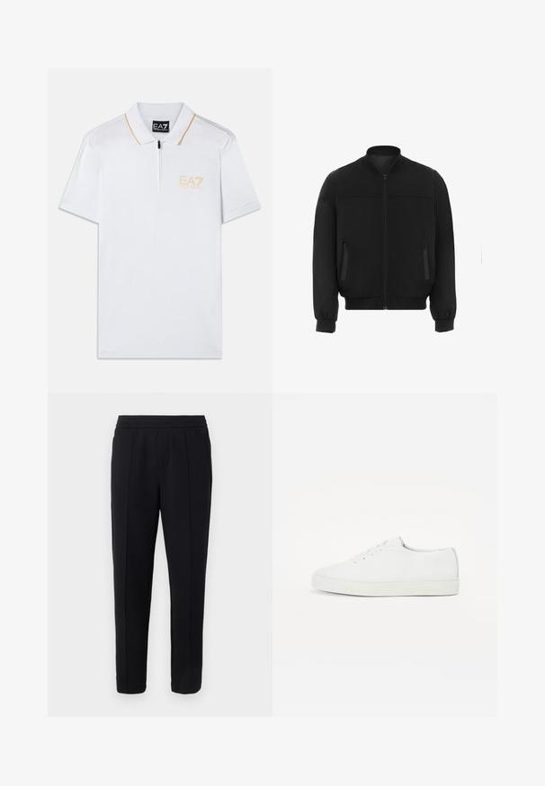 Schwarze Bomberjacke mit geripptem Kragen, Reißverschluss und zwei Seitentaschen. Glatte Textur mit elastischen Bündchen und Saum.; Weißes Poloshirt mit Reißverschlusskragen, kurzen Ärmeln und orangefarbenen Akzenten. Mit gesticktem EA7-Logo in Gelb auf der linken Brust.; Schwarze, maßgeschneiderte Hose mit elastischem Bund, vorderen Bügelfalten und geradem Bein vor hellgrauem Hintergrund.; Weiße Leder-Sneaker mit glatter Textur, runder Zehenpartie, flacher Sohle und dezentem goldenen Logo auf der Seite. Klassisches Schnürdesign.