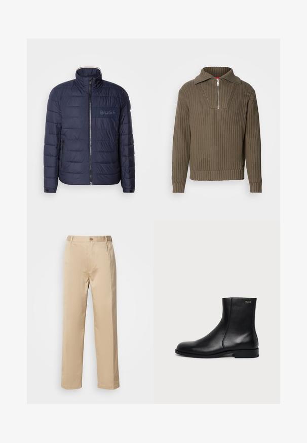 Σκούρο μπλε πούφρ jacket με ψηλό γιακά, κλείσιμο με φερμουάρ, δύο πλαϊνές τσέπες και υφασμάτινη ετικέτα λογότυπου 'BOSS' στο στήθος.; Καφέ ριγωτός ζακέτας με μισό φερμουάρ και φαρδύ γιακά. Διαθέτει υφή υφάσματος και ελαφρώς κοντή τελική ραφή. Απλός σχεδιασμός.; Μπεζ παντελόνι κατασκευασμένο από ελαφρύ ύφασμα, με σχεδίαση ίσιας γραμμής, ζώνη με θηλιές και κλείσιμο με ένα κουμπί εμπρός.; Μαύρο δερμάτινο μποτάκι αστραγάλου με χαμηλό τακούνι, πλευρικό ράψιμο και μικρό λογότυπο "HUGO" στο επάνω μανσέτι σε μονόχρωμο φόντο.