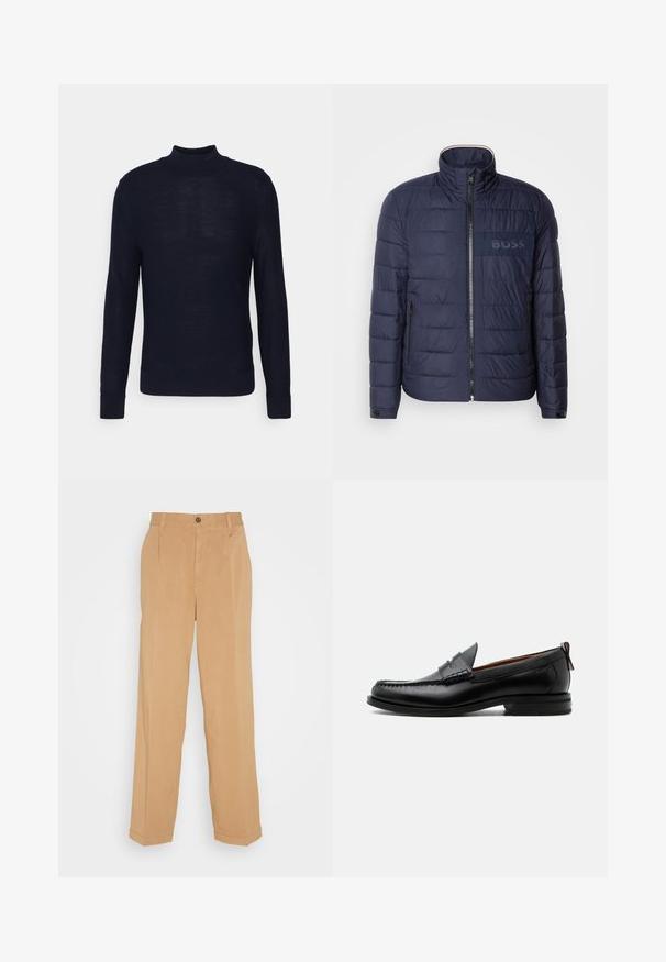 Σκούρο μπλε πούφρ jacket με ψηλό γιακά, κλείσιμο με φερμουάρ, δύο πλαϊνές τσέπες και υφασμάτινη ετικέτα λογότυπου 'BOSS' στο στήθος.; Ναυτικό μπλε πλεκτό πουλόβερ με ριγωτό λαιμό, μακριά μανίκια και διακριτό λογότυπο μπροστά. Κατασκευασμένο από ένα απαλό, ελαφρύ ύφασμα.; Μπεζ παντελόνια με φαρδιά μπούστα κατασκευασμένα από μαλακό ύφασμα, με δύο μπροστινές τσέπες, κουμπί κλεισίματος και πτυχές κατά μήκος των ποδιών.; Μαύρο δερμάτινο ανδρικό μοκασίνι με ραφή moc toe, λουράκι penny, υφασμένο γιακά και χαμηλό συστοιχισμένο τακούνι σε λευκό φόντο.