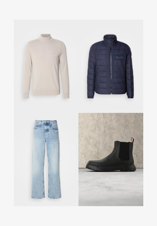 Marineblå pufferjakke med høj krave, lynlås lukning, to sidelommer og et tekstureret 'BOSS' logo patch på brystet.; Lys beige turtleneck sweater lavet af blødt stof. Har ribbede manchetter og kant, med et diskret logo på brystet. Klassisk design.; Lysblå vide jeans med høj talje, der har en falmet finish, bæltestropper og klassisk fem-lomme design. Kantene er rå.; Sort ankelstøvle med en glat overflade, elastiske sidepaneler og en kontrasterende rød træksløjfe, der har en tyk gummisål og rund tå.