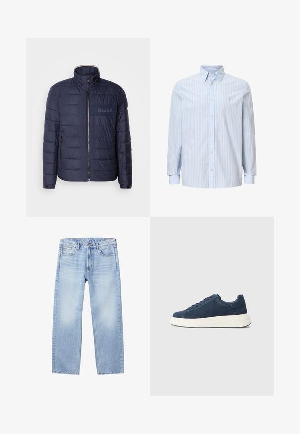 Marineblauwe pufferjack met hoge kraag, ritsluiting, twee zijzakken en een getextureerde 'BOSS' logo patch op de borst.; Lichtblauwe button-up shirt met verticale witte en lichtblauwe strepen, lange mouwen en een klein logo op de borst. Klassieke kraag en knoopsluiting.; Lichtblauwe straight-leg spijkerbroek met voorzakken, riemlussen, knoopsluiting en een klein Calvin Klein-label op de rechtervoorzak.; Marineblauwe suède sneakers met een witte rubberen zool, voorzien van zes veterogen, een gestructureerde voering en een minimalistisch ontwerp met subtiele stikdetails.