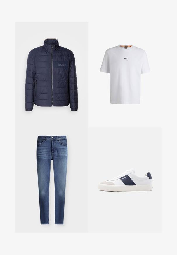 Navyblaue Steppjacke mit hohem Kragen, Reißverschluss, zwei seitlichen Taschen und einem strukturierten "BOSS"-Logopatch auf der Brust.; Weißes Baumwoll-T-Shirt mit kurzen Ärmeln, ausgestattet mit einem schwarzen "BOSS"-Logo, das mittig auf der Brust platziert ist, und einem runden Halsausschnitt.; Herren Slim Fit blaue Denim-Jeans mit klassischem Fünf-Taschen-Stil und leichter Verfärbung an Oberschenkeln und Knien, Knopf- und Reißverschluss.; Weißer Sneaker mit niedrigem Schaft, marineblauem Seitenstreifen, "BOSS" Logo, beiger Zehenkappe und weißer Sohle, seitlich auf hellem Hintergrund gezeigt.