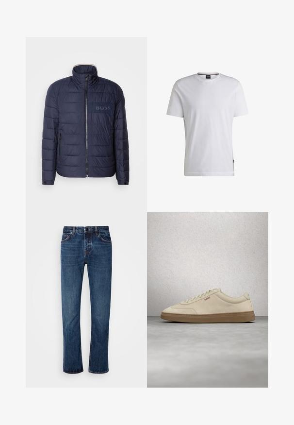 Chaqueta acolchada azul marino con cuello alto, cierre de cremallera, dos bolsillos laterales y un parche texturizado con el logo 'BOSS' en el pecho.; Camiseta blanca de manga corta hecha de algodón. Cuenta con un cuello redondo y una etiqueta de marca sutil en el lateral. Textura suave y diseño simple.; Jeans de mezclilla azules para hombre con un diseño de pierna recta, cinturilla estándar, estilo de cinco bolsillos y un desgaste sutil a lo largo de los muslos.; Zapatilla de ante beige claro con suela de goma color caramelo, cordones prominentes y detalles de costura sutiles. Diseño limpio con una estética minimalista.