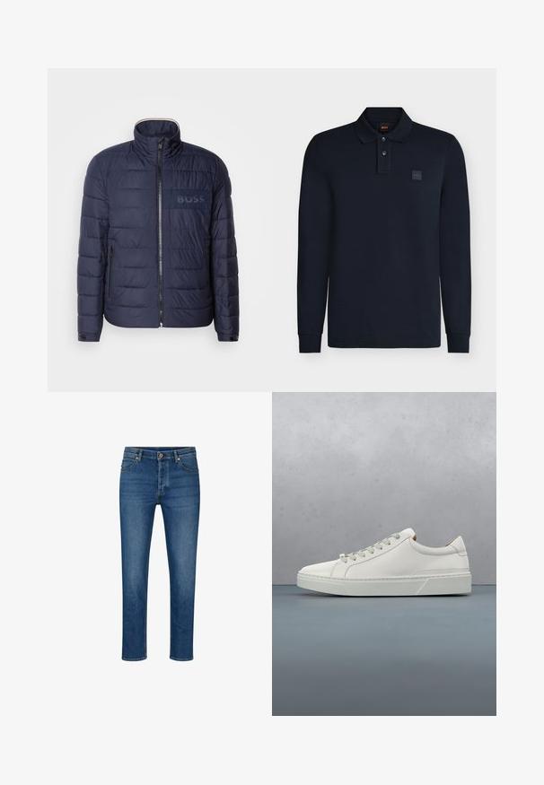 Navyblaue Steppjacke mit hohem Kragen, Reißverschluss, zwei seitlichen Taschen und einem strukturierten "BOSS"-Logopatch auf der Brust.; Langärmliges marineblaues Poloshirt mit zwei Knöpfen, gerippten Bündchen und einem kleinen Brustlogo mit der Aufschrift "BOSS".; Blaue Denim-Jeans mit geradem Schnitt, ausgestattet mit fünf Taschen, Gürtelschlaufen und einem Knopfverschluss. Leichte Abnutzungsspuren und kontrastierende Nähte.; Weißes Leder-Sneaker mit abgerundetem Zehenbereich, minimalistisches Design, graue Schnürsenkel und einer strukturierten grauen Gummisohle. Dezente Nähte sichtbar.