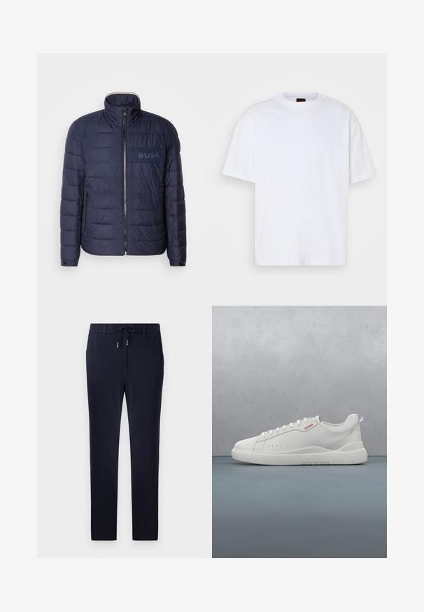 Chaqueta acolchada azul marino con cuello alto, cierre de cremallera, dos bolsillos laterales y un parche texturizado con el logo 'BOSS' en el pecho.; Camiseta de algodón blanca con cuello redondo, mangas cortas y un corte relajado. Presenta costuras de hombro texturizadas para un detalle adicional.; Pantalones azul marino con cintura ajustable, diseño ajustado y tejido de textura suave. Sin patrones ni acentos visibles.; Zapatilla blanca con un acabado de cuero liso, punta redonda, cuatro ojales, perforaciones sutiles y un detalle de logo rojo en el lateral.