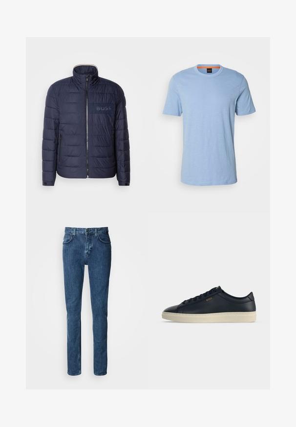 Chaqueta acolchada azul marino con cuello alto, cierre de cremallera, dos bolsillos laterales y un parche texturizado con el logo 'BOSS' en el pecho.; Camiseta de manga corta azul claro hecha de material suave. Presenta un cuello redondo y un sutil logo en relieve en el pecho.; Vaqueros de mezclilla azul oscuro con corte recto, que incluyen bolsillos frontales, una cremallera y detalles de costura sutil.; Zapatilla deportiva de piel azul marino de perfil bajo con suela de goma color crema y marca "BOSS" en dorado en el lateral, mostrada de perfil.